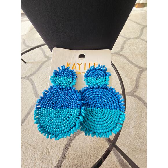 Kay Lee Two Tone Blue Circle Beaded Earrings New - Picture 1 of 4